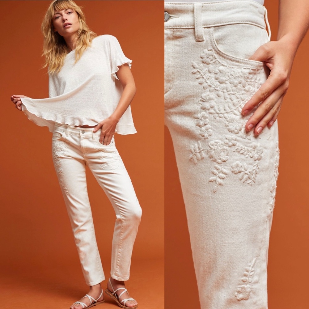 Pilcro Cream Embroidered Ankle & Cropped Jeans